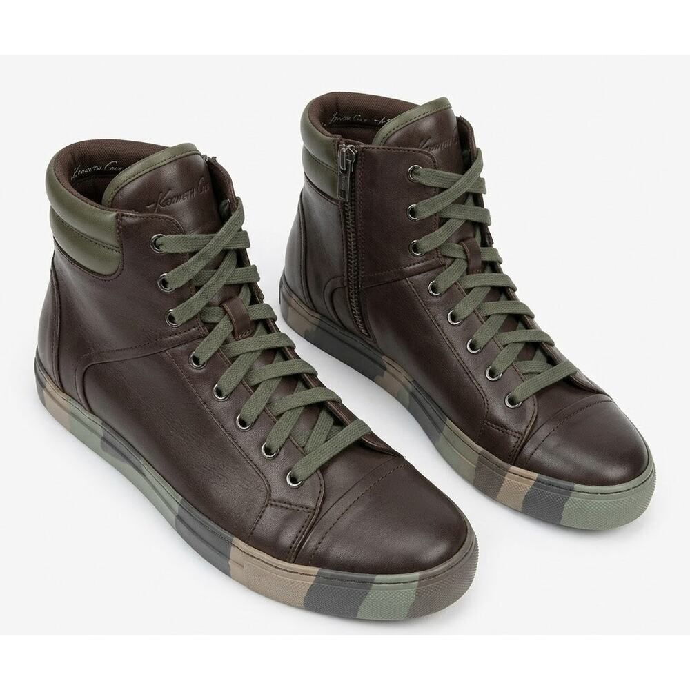 Kenneth Cole Men’s Military High Top Leather Boots Camo Sole Brown Green Size 8